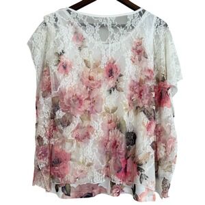 NAIF Floral Sheer Lace Batwing Sleeve Top w Attached Tank Size Medium